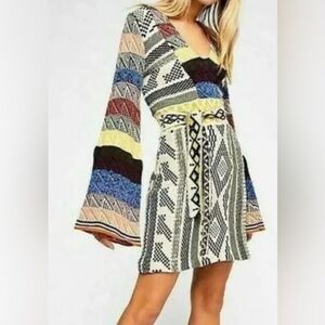 Free People Sz L Bell Sleeve Patchwork Sweater Dress 70s Retro Striped Knit Boho